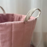 Toy Organizer Basket – Pink linen with beige nappa leather handles