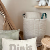 Cesto Organizador de Brinquedos – Linho areia com Alças em Napa verde